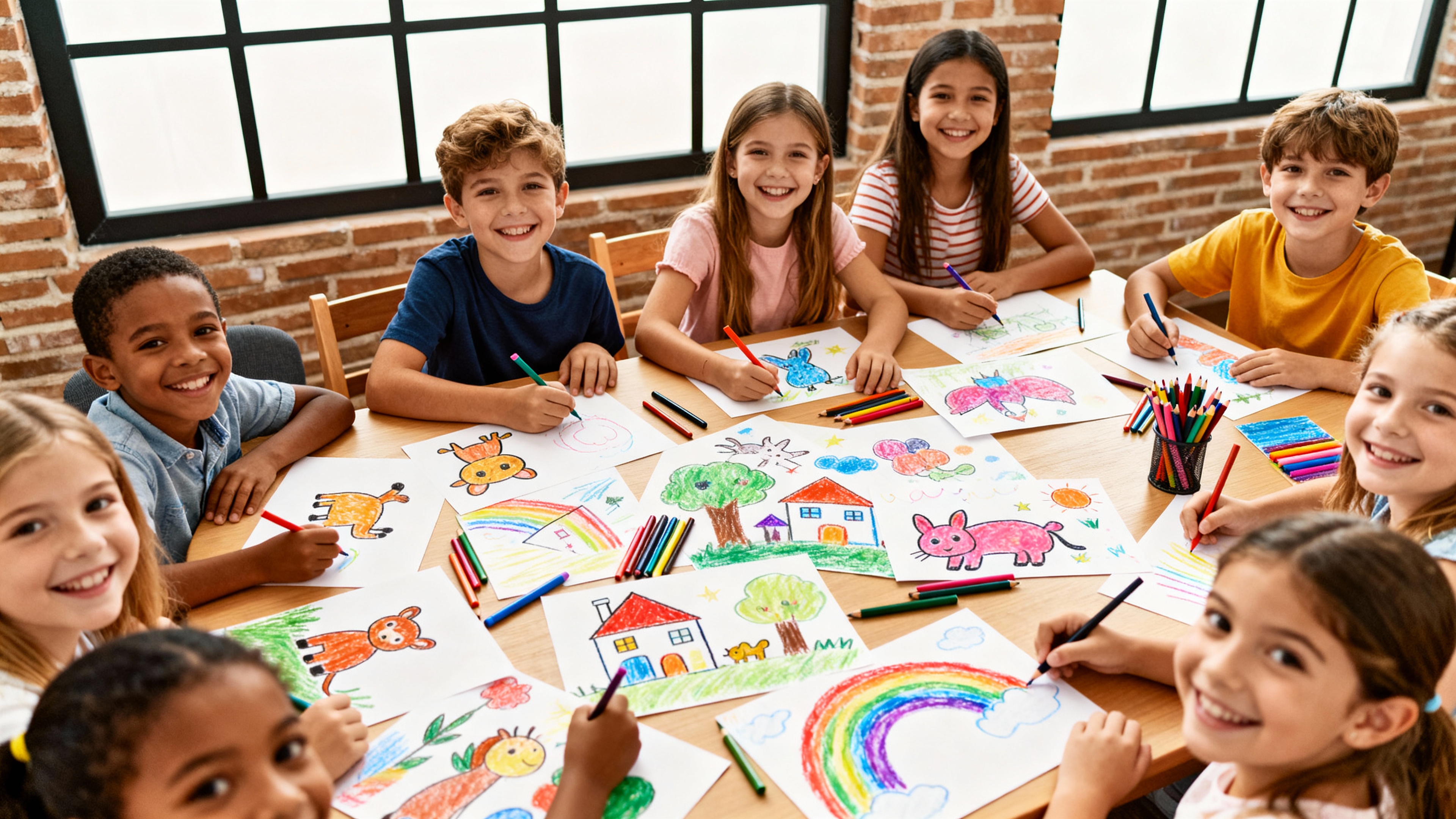 Happy children drawing and being creative
